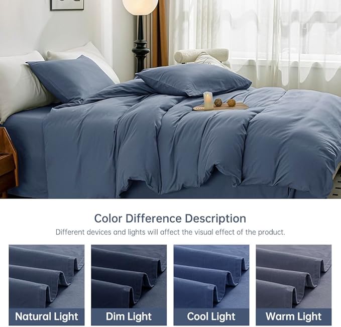 JELLYMONI Blue Duvet Cover King Size - 100% Washed Cotton Linen Like Textured Comforter Cover, 3 Pieces Lightweight Soft Bedding Set with Zipper Closure (Blue, King 104"x90")