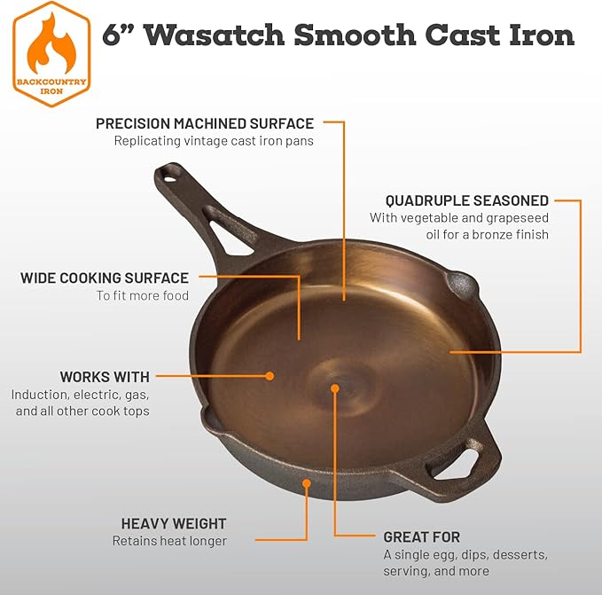 Backcountry Iron 6 Inch Smooth Wasatch Pre-Seasoned Round Cast Iron Skillet