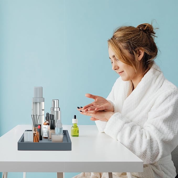 BBK Bathroom Vanity Tray 11.8 in- 2 Pack(Large) Silicone Bathroom Tray for Counter, Perfume Key Trinket Ring Tray, Decor Soap Dispenser Countertop Tray for Kitchen Sink Organization (Gray) (VT2)