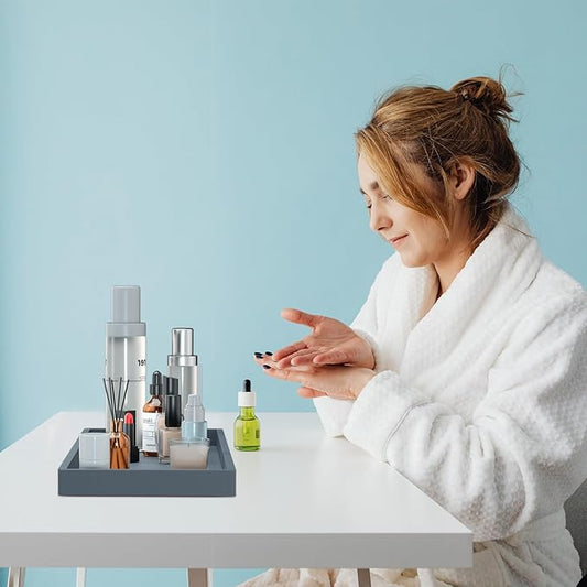 BBK Bathroom Vanity Tray- 2 Pack (7.8" and 11.8") Silicone Bathroom Tray for Counter, Perfume Key Trinket Ring Tray, Decor Soap Dispenser Countertop Tray for Kitchen Sink Organization.(Gray)