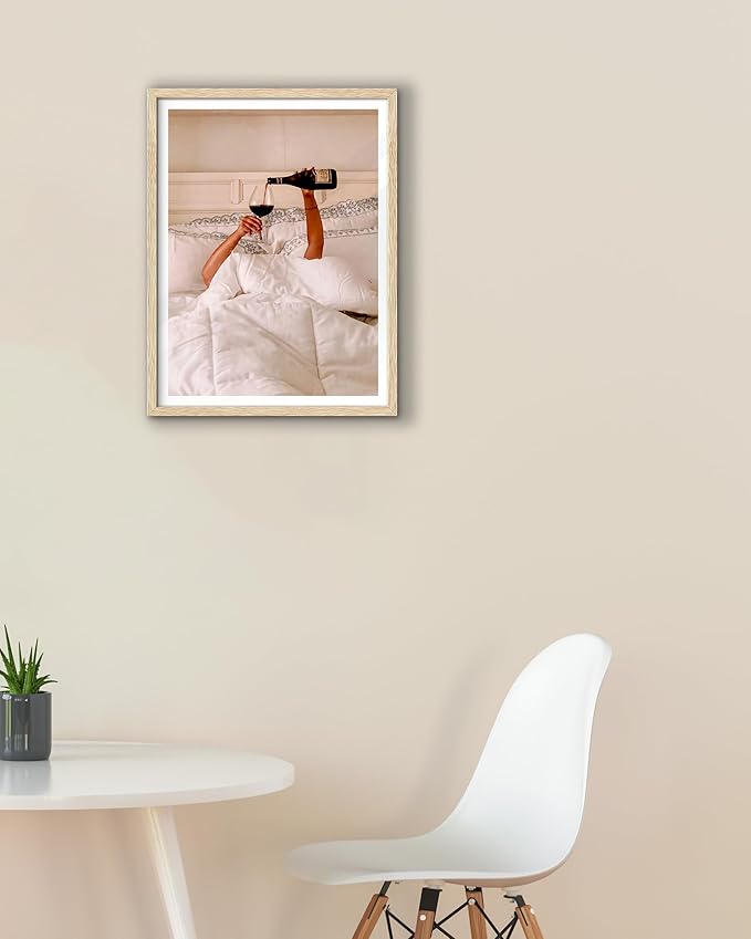 EcoHest Woman Drinking Wine in Bed Framed Wall Art, 12x16 in OAK Wood Feminist Alcohol Canvas Art, Trendy Teen Girl Bar Cart Print College Room Decor, Beige Logs Set of 1 For Bedroom Living Room