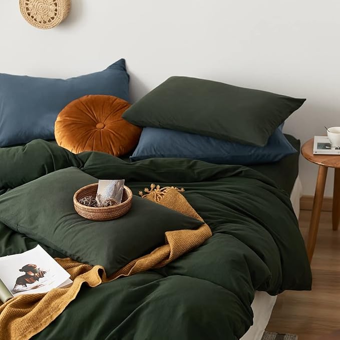 AMWAN Dark Green Duvet Cover 100% Jersey Knit Cotton Duvet Cover King Olive Green Comforter Cover Luxury Soft T Shirt Cotton Bedding Set Simple Style Solid Green Bedding Quilt Cover with 2 Pillowcases