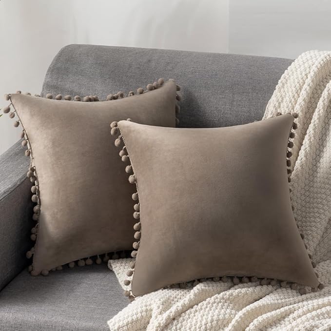 DEZENE Decorative Pillow Covers 18x18 Taupe: 2 Pack Cozy Soft Pom-poms Velvet Square Throw Pillow Cases for Farmhouse Home Decor
