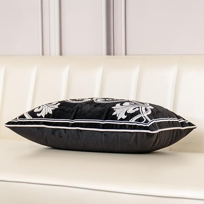 Aeckself European Floral Pillow Cover 12x20 Inch, Luxury Velvet Embroidered Lumbar Pillow Case for Sofa Bedroom Living Room White Black