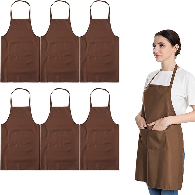 Total 6PCS Brown Bib Apron Adult with 2 Pockets for Women Men Chef Cooking Kitchen (6, Brown)