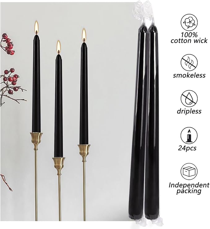 24 Pack Black Taper Candles, 7-8 Hours Burn Time, Unscented, Smokeless and Dripless, 0.75 x 10 Inch Dinner Candle Set for Household, Wedding, Party and Home Décor Candlesticks