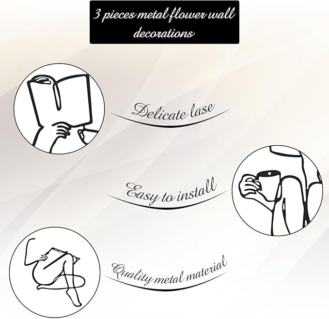 3 Pcs Metal Wall Art Decor Minimalist Abstract Woman Wall Art Metal Modern Line Drawing Decor Female Single Line Home Hanging for Bedroom Kitchen Bathroom Living Room(Book)