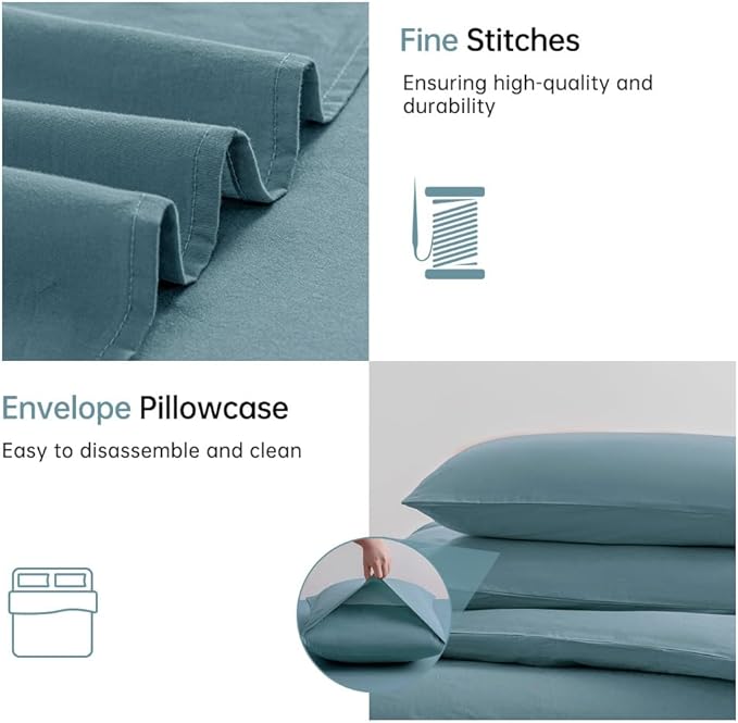 JELLYMONI Grayish Blue Duvet Cover King Size - 100% Washed Cotton Linen Like Textured Comforter Cover, 3 Pieces Lightweight Soft Bedding Set with Zipper Closure (Grayish Blue, King 104"x90")