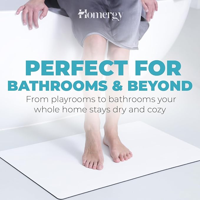 Homergy Bath Mat – Super‑Absorbent & Quick‑Dry with Non‑Slip Rubber Backing, Machine Washable & Odor Resistant – 16×24 in, White