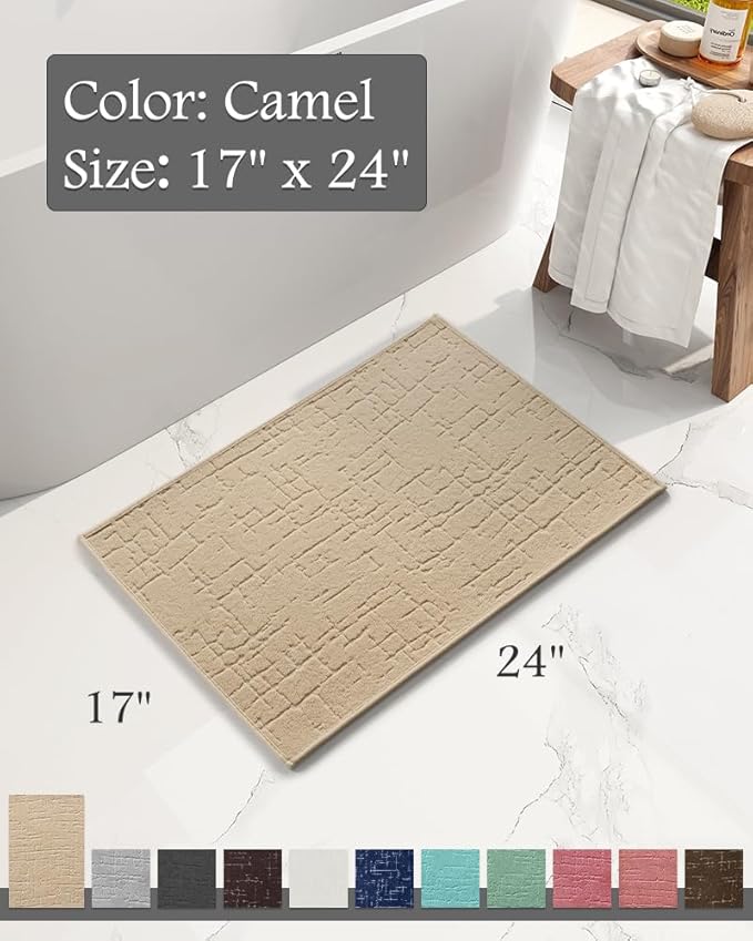 AMOAMI-Bath Mat-Absorbent Quick Dry Bathroom Floor Mats-Washable Rubber Backing Bath Mats for Bathroom Rugs Fit Under Door-Bath Rug for in Front of Sink Bathtub Shower Room, Camel 17''x24''