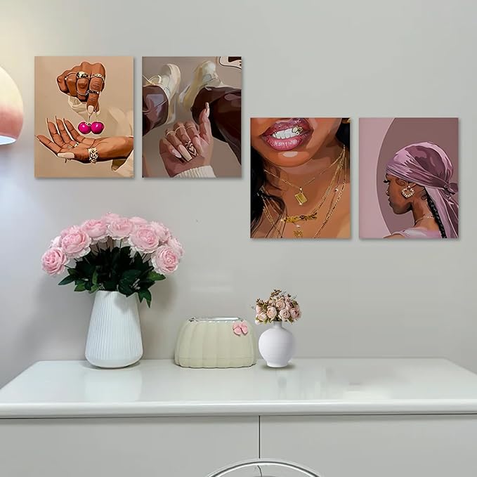 4 PCS Fashion Black Woman Aesthetic Poster Set Empowering Trendy Wall Art Abstract Black Girl Painting Magic Canvas Picture Prints for Bedroom Living Room Beauty Salon Office Decor 16x24 Inch Unframed