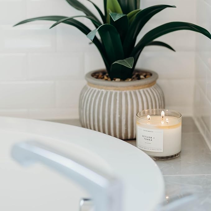 Calyan Wax Co. 3 Wick Candle, Vetiver + Tonka Scented Candle, 43 Hour Burn Time, 3 Wick Soy Candles, Non Toxic & Vegan Soy Wax, Glass Jar Scented Candles, 14.9oz