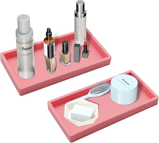 BBK Bathroom Vanity Tray 7.8 in - 2 Pack(Small) Silicone Bathroom Tray for Counter, Perfume Key Trinket Ring Tray, Decor Soap Dispenser Countertop Tray for Kitchen Sink Organization (Pink)