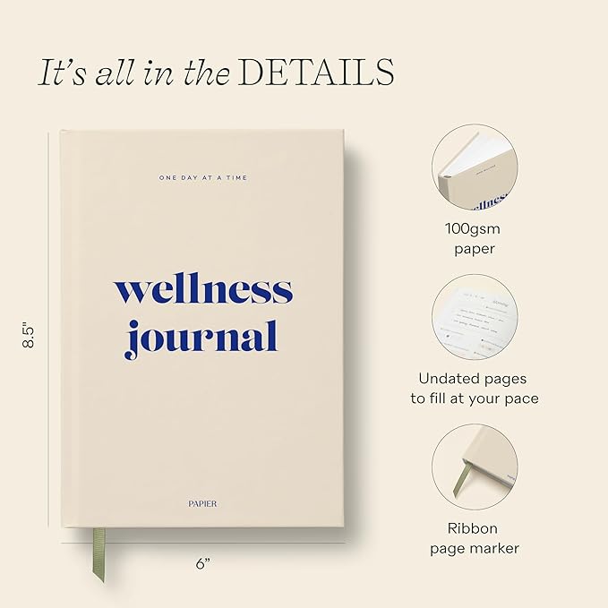 Papier Daily Wellness Journal Diary - Beige, 8.46"L x 6.02"W | Hardback Cover Wellbeing, Gratitude & Mindset Diary for Personal Growth, Mindfulness & Reflection | Track Goals, Sleep & Lifestyle Habits