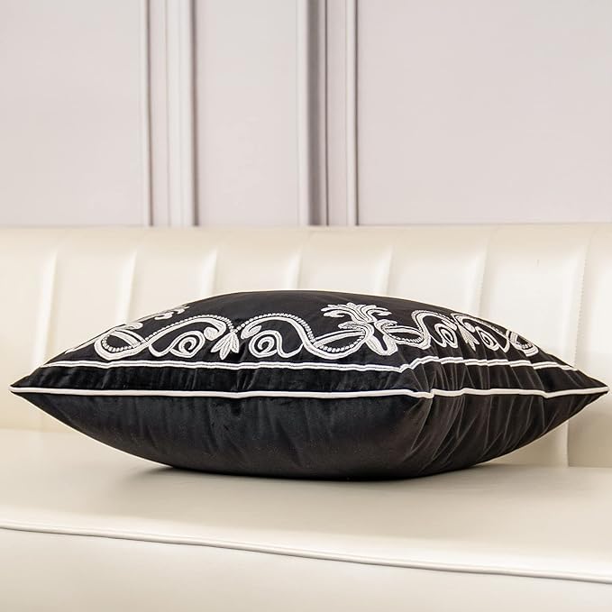Aeckself European Floral Pillow Cover 16x16 Inch, Luxury Velvet Embroidered Decorative Throw Pillow Cover for Couch Bedroom Living Room, Black and White