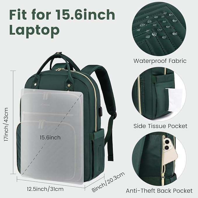 LOVEVOOK 15.6 Inch Laptop Backpack for Women,Fashion Work Travel Backpack,Waterproof Day Pack Purse for Teacher Nurse Dark Green