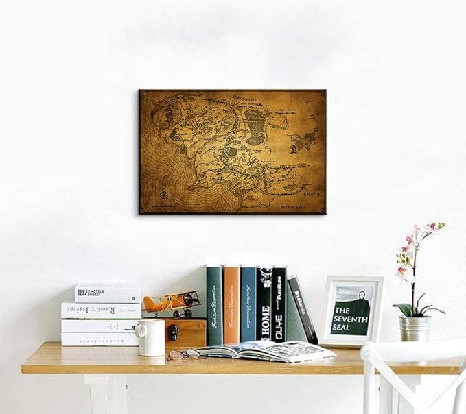 Middle Earth Map Wall Art Canvas Print - Fantasy Map of Middle Earth - 12''H x 18''W with Inner Wooden Frame - Lightweight & Easy to Hang - Perfect for Bedroom, Game Room Decor