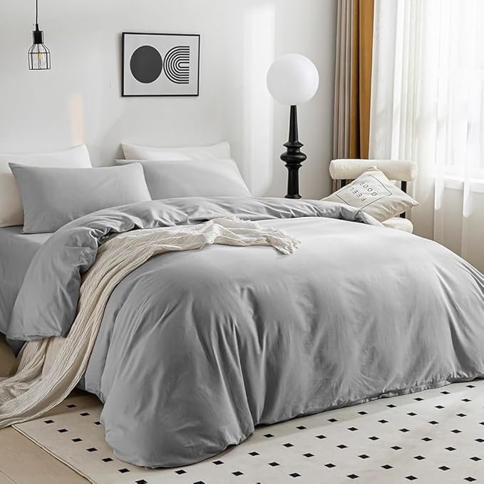 JELLYMONI Cotton Duvet Cover California King - 100% Washed Cotton Linen Like Textured Comforter Cover, 3 Pieces Soft Bedding Set with Zipper Closure (Light Gray, Cal King 104"x98")