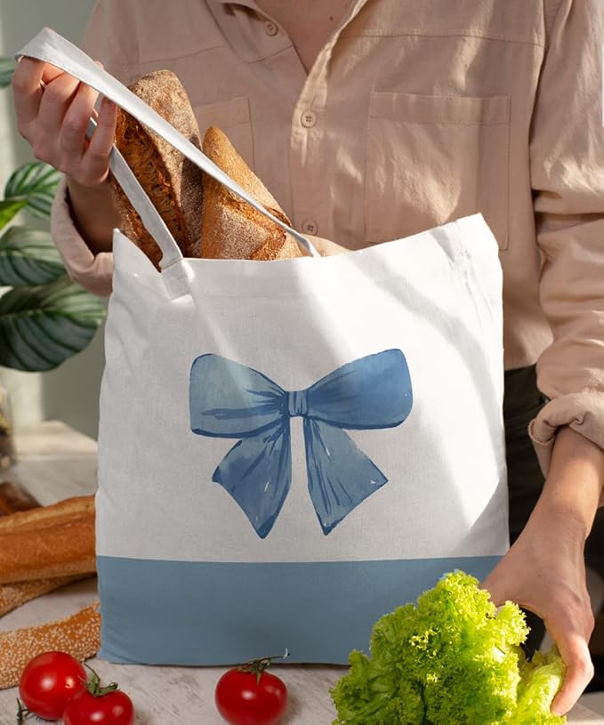 Coquette Pink Bow Preppy Canvas Tote Bag for Women Teens Teen Girls, Pink Bow Girls Tote Bag, Coquette Gifts