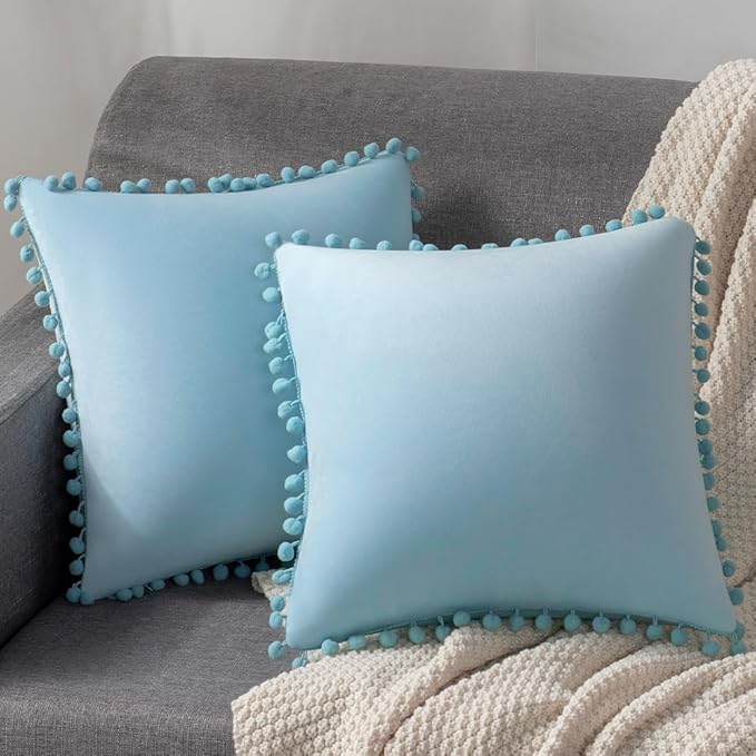 DEZENE Throw Pillow Cases 20x20 Light-Blue: 2 Pack Cozy Soft Pom-poms Velvet Square Decorative Pillow Covers for Farmhouse Home Decor