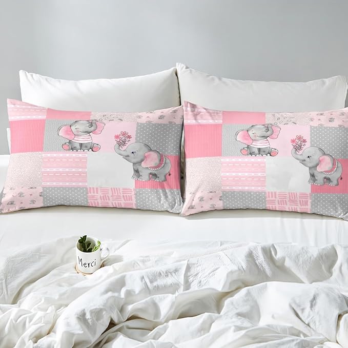 Girly Cute Elephant Duvet Cover Twin Size,Pink Gray Plaid Geometric Comforter Cover Set for Kids Boys Girls,Cartoon Animals Stripes Dots Bedding Quilt Cover Set Bedroom Decor, 2 Pieces