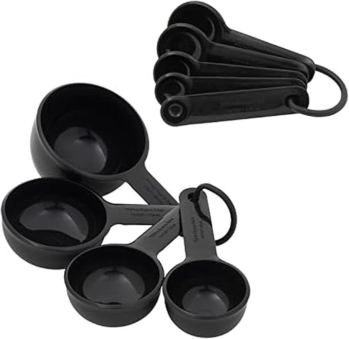 KitchenAid Universal Easy To Read Measuring Cup and Spoon Set with Soft Grip Handle for Maximum Control, Hang Hole and Nesting For Easy Storage, Dishwasher Safe, 9 Piece, Black