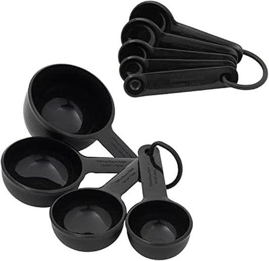 KitchenAid Universal Easy To Read Measuring Cup and Spoon Set with Soft Grip Handle for Maximum Control, Hang Hole and Nesting For Easy Storage, Dishwasher Safe, 9 Piece, Black