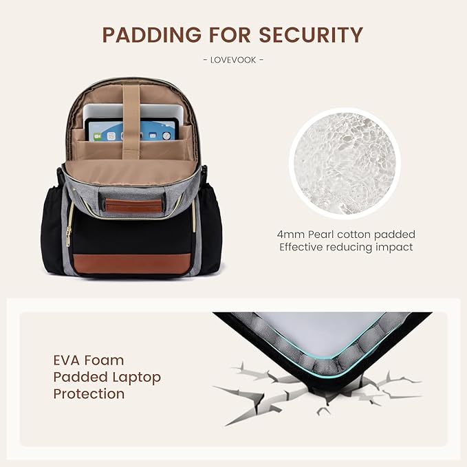 LOVEVOOK Laptop Backpack for Women with Pouch Pocket for Large Capacity Cup,15.6 Inch Teacher Nurse College Work Backpack Purse,Waterproof Laptop Bag Computer Back Pack for Travel, Grey-Black-Brown