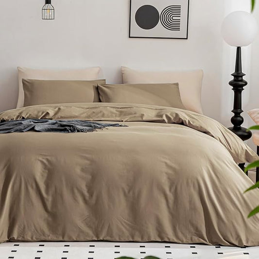 JELLYMONI Khaki Duvet Cover Queen Size - 100% Washed Cotton Linen Like Textured Comforter Cover, 3 Pieces Breathable Soft Bedding Set with Zipper Closure (Khaki, Queen 90"x90")