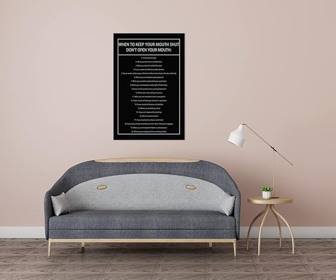 Inspirational Canvas Wall Art When to Keep Your Mouth Shut Don't Open Your Mouth Life Motivational Poster Life Learning Quote Picture Home Office Decor Painting Framed and Stretched[24''W x 36''H]