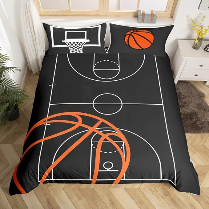 Basketball Court Print Bedding Set Twin Size,Ball Sports Games Themed Duvet Cover with 2 Pillowcases, Boys Game Room Decor Comforter Cover Orange Basketball and Hoop Quilt Cover Set (No Comforter)
