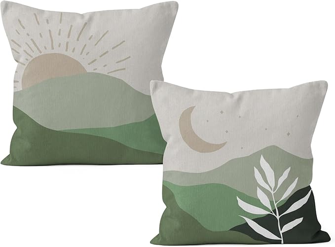 HIWX Boho Pillow Covers, Sun Moon Mountains Decorative Pillowcase Throw Pillows, Set of 2 (Green, 18x18)