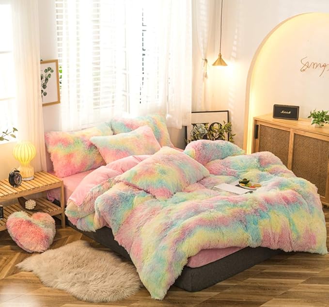MorroMorn 5 PCS Plush Shaggy Duvet Cover Sets, Luxury Shag Fluffy Comforter Cover Fuzzy Bedding Set - Long Faux Fur Ultra Soft Cozy (Rainbow, Full/Queen)