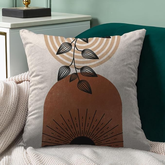 Boho Mid Century Modern Throw Pillow Covers Set of 6, Sun Moon Arch Leaves Abstract Home Decor Farmhouse Decorative Cushion Covers 18"X18"