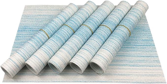 Placemat,Blending Color Durable Woven Vinyl Placemat Washable Heat-Resistant Anti-Skid Kitchen Dining Table Mats (Set of 6, Blue with White)