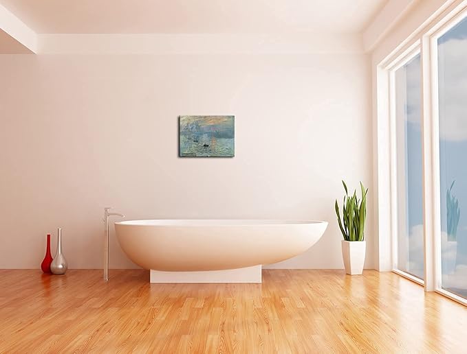 Wieco Art Impression Sunrise Canvas Prints Wall Art of Claude Monet Famous Oil Paintings Reproduction Seascape Ocean Sea Beach Pictures for Home Decorations Modern Stretched and Framed Giclee