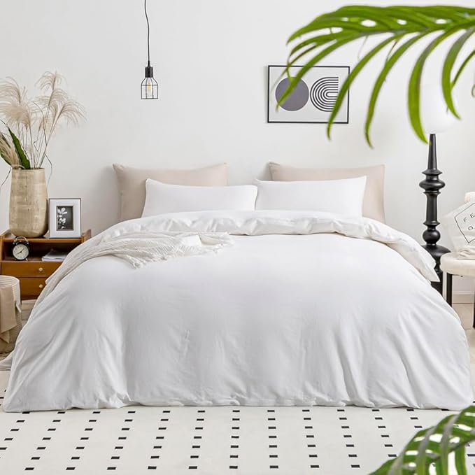 JELLYMONI White Duvet Cover Full Size - 100% Washed Cotton Linen Feel Textured Comforter Cover, 3 Pieces Breathable Soft Bedding Set with Zipper Closure (Pure White, Full 80"x90")
