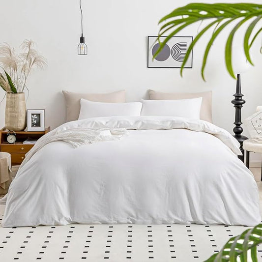 JELLYMONI White Duvet Cover Full Size - 100% Washed Cotton Linen Feel Textured Comforter Cover, 3 Pieces Breathable Soft Bedding Set with Zipper Closure (Pure White, Full 80"x90")