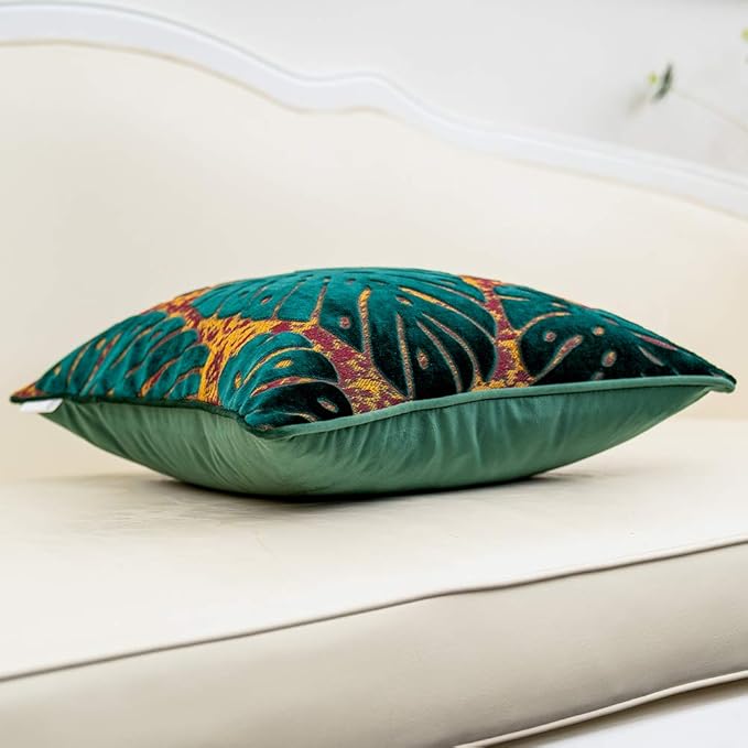 Alerfa 18 x 18 Inch Square Leaf Pillow Embroidery Cut Velvet Cushion Case Luxury Modern Lumbar Throw Pillow Cover Decorative Pillow for Couch Sofa Living Room Bedroom Car, Teal Green