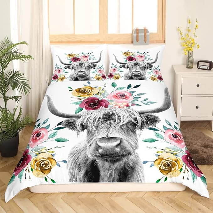 Feelyou Cow Duvet Cover Set Highland Cattle Flowers Comforter Cover Floral Printed Bedding Set for Kids Adults 1 Duvet Cover & 2 Pillowcases