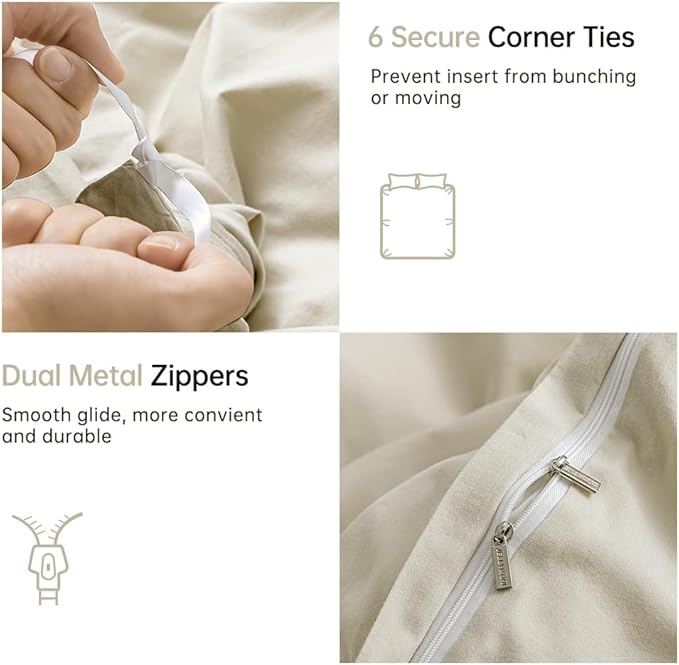 JELLYMONI Cotton Duvet Cover California King - 100% Washed Cotton Linen Like Textured Comforter Cover, 3 Pieces Soft Bedding Set with Zipper Closure (Light Khaki, Cal King 104"x98")