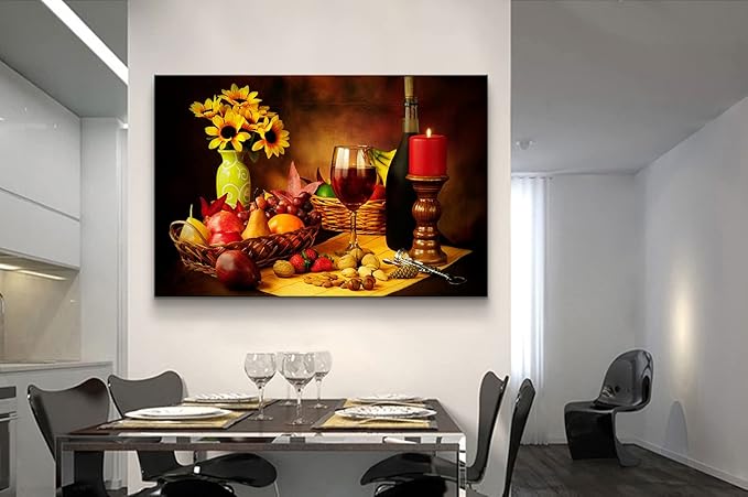 Sunflower Wall Art Wine Kitchen Decor Fruits Basket Poster Food Art Fruit Canvas for Dining Room Kitchen Bar Ready to Hang (28''H x 40''W)