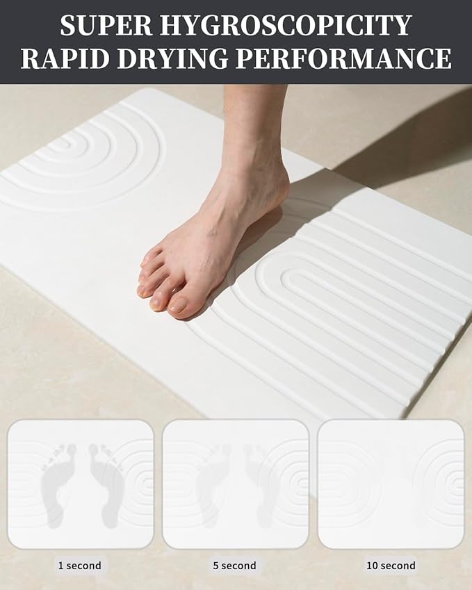 Stone Bath Mat 24"x16" - Diatomaceous Earth Shower Mat, Quick Dry, Anti-Slip, Modern Design with Bonus Non-Slip Pad - Perfect for Home Safety and Style,White,Straight