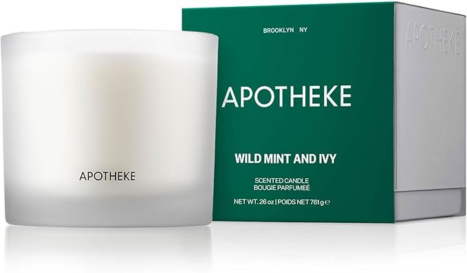 Apotheke 3-Wick Scented Candles for Home, Wild Mint & Ivy - 26 oz Soy Wax Jar Candle Gift for Women - Long-Lasting Fragrance with Perfume-Grade Essential Oils - Eucalyptus, Patchouli, Cedarwood & Rose
