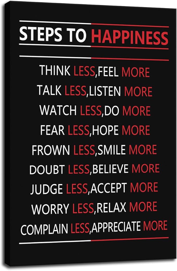 Motivational Steps For Happiness Wall Art for Office Inspiring Positive Poster Inspirational Affirmative Canvas Painting Prints Wall Pictures for Living Room Home Decor Framed Artwork [12''W x 18''H]