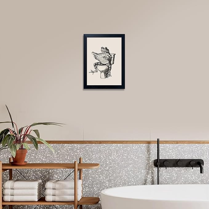 Bathroom Decor Wall Art, Funny Animal Bathroom Wall Art, Frog on Toilet Reading Newspaper Canvas Painting, Frog Art Print Pictures for Wall Decoration