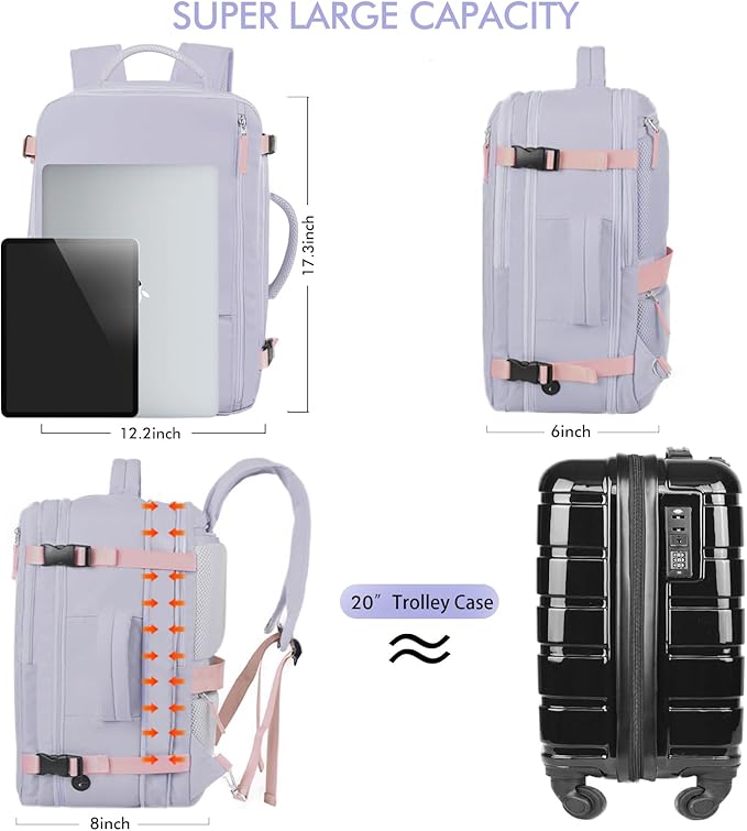 Beraliy Travel Backpack for Women, Airline Approved Backpack, Carry On Backpack,17.3 Inch Laptop Backpack,Personal Item Bag for College Weekender Business Hiking, Purple