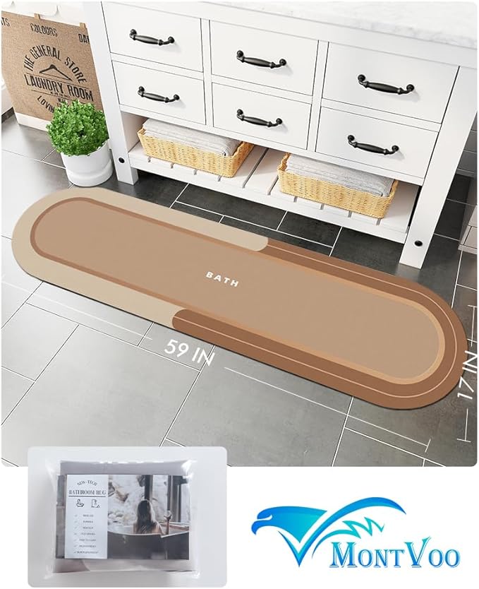 MontVoo Bath Mat Runner - Long Non Slip Absorbent Quick Dry Thin Bath Rug for Bathroom Floor Mat - Rubber Backed - Stain Resistant - Easy Care - Brown 17"x59"