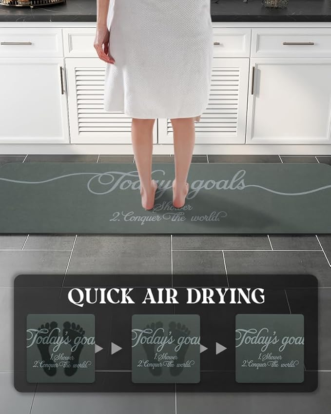 MontVoo -Bath Mat Rug- Non Slip Quick Dry Absorbent Thin Bathroom Rugs Fit Under Door-Faux Suede Surface Bathroom Floor Mats-Shower Rug for in Front of Bathtub Shower 17 X59 Green Text Pattern