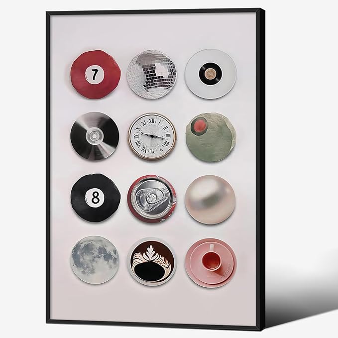 Trendy Retro Disco Wall Art - Vintage Lucky 8 Ball Poster, Funky Music Record Wall Decor, 16x24 inch Black Framed Unique 7 Ball Canvas Prints, Preppy Aesthetic Painting